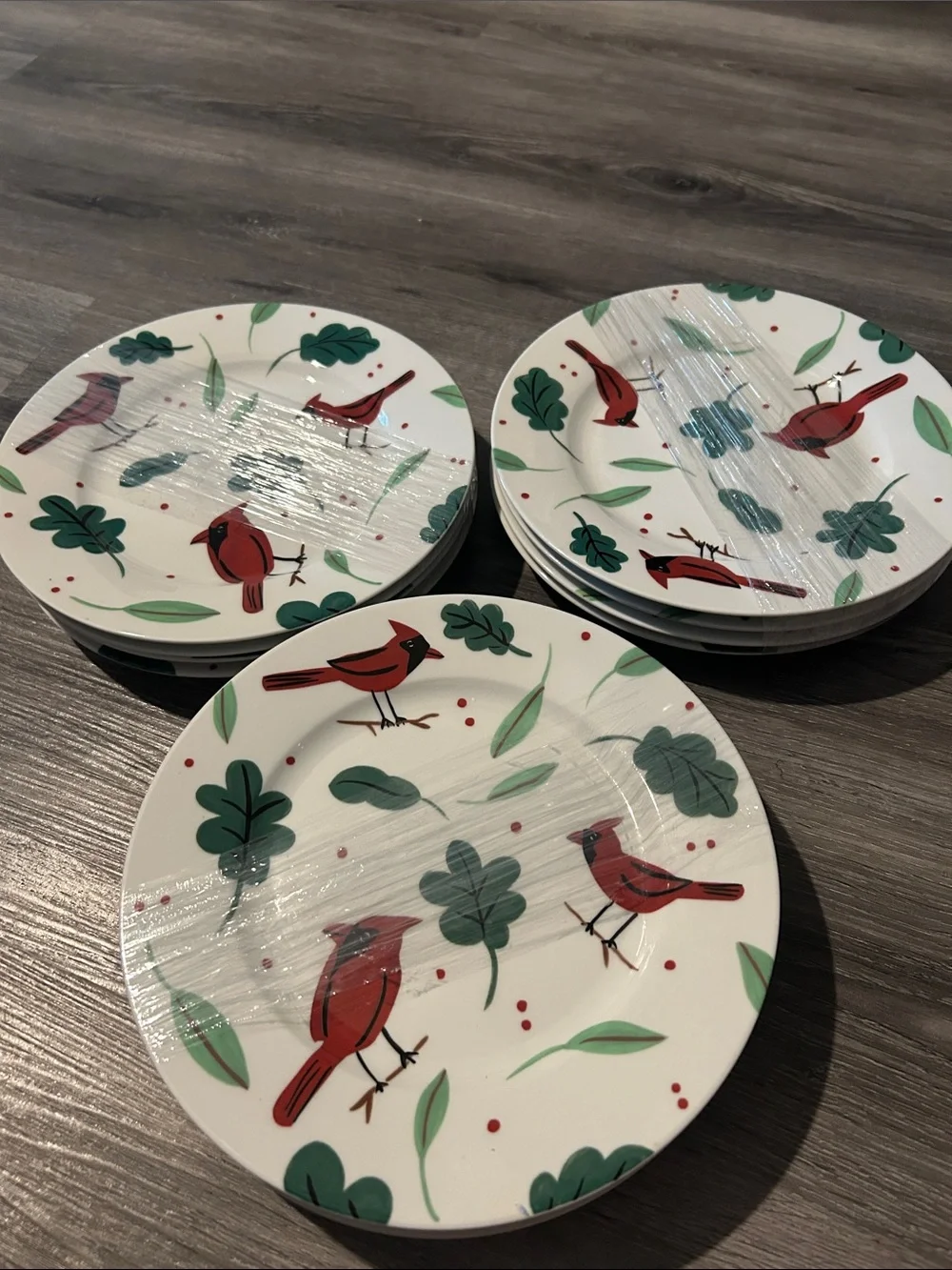 Red Cardinal Salad Plates with Green Leaf Pattern - 12 pieces